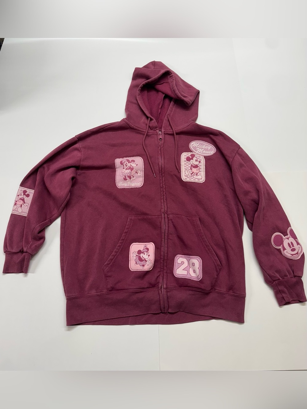 Disney Burgundy Zip-Up Hoodie with Light Pink Mickey & Minnie Patches